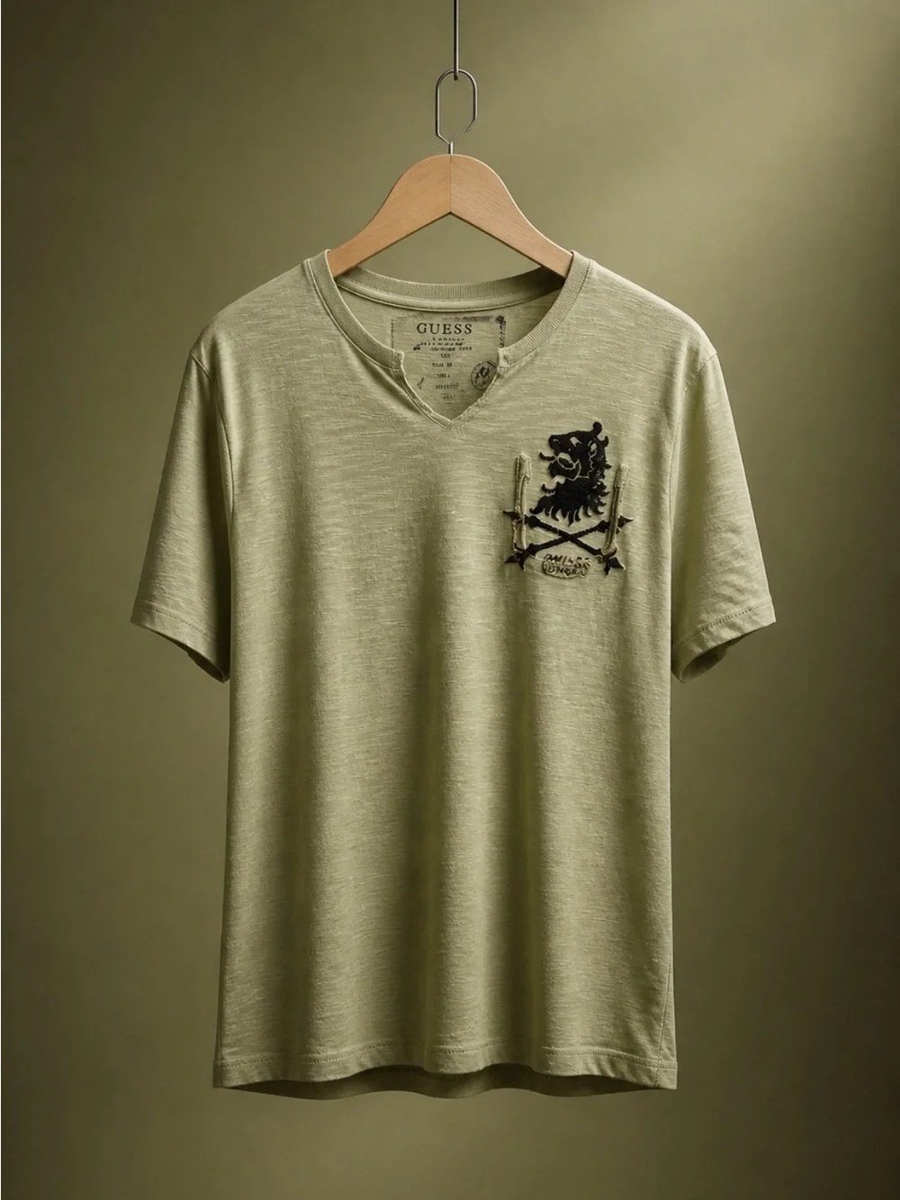 GUESS Olive Green Short Sleeve V-Neck with Embroidered Crest - Picture 2 of 4